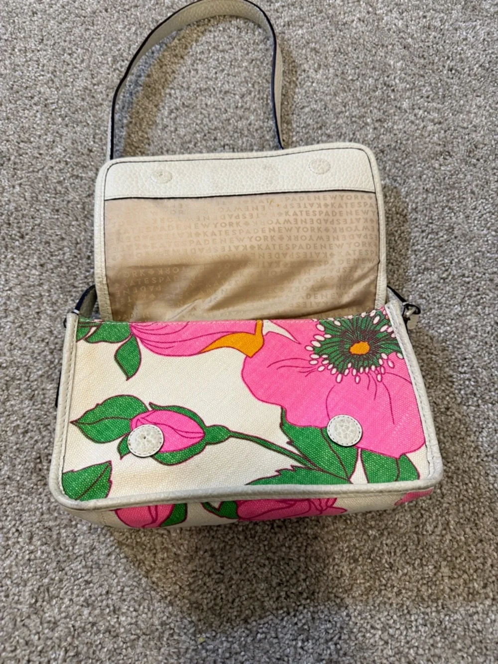 Kate Spade Cream Pink Floral Canvas Woven Leather Crossbody‎ Bag Purse Summer